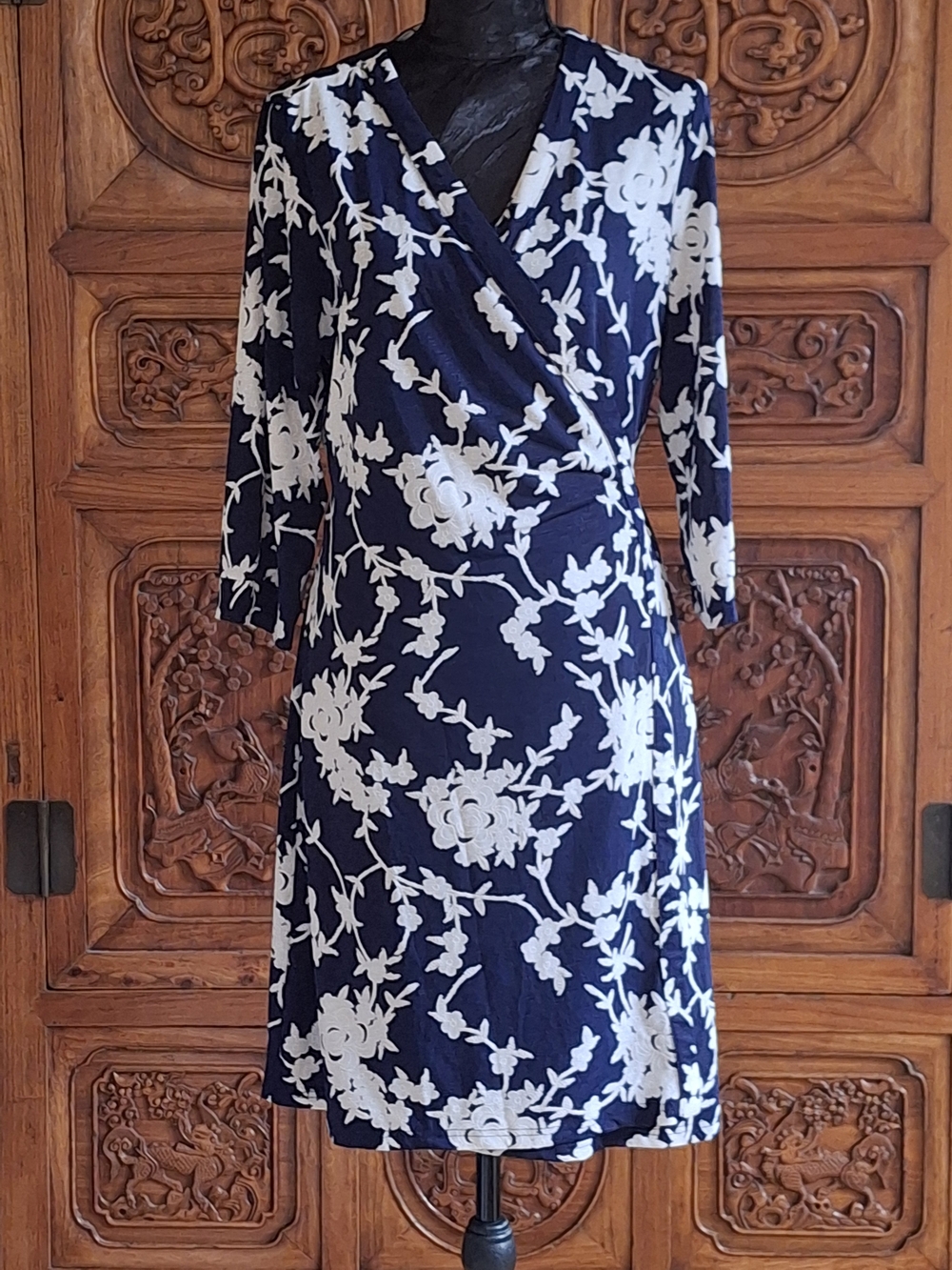 Navy & White Floral Wrap-Style Midi Dress